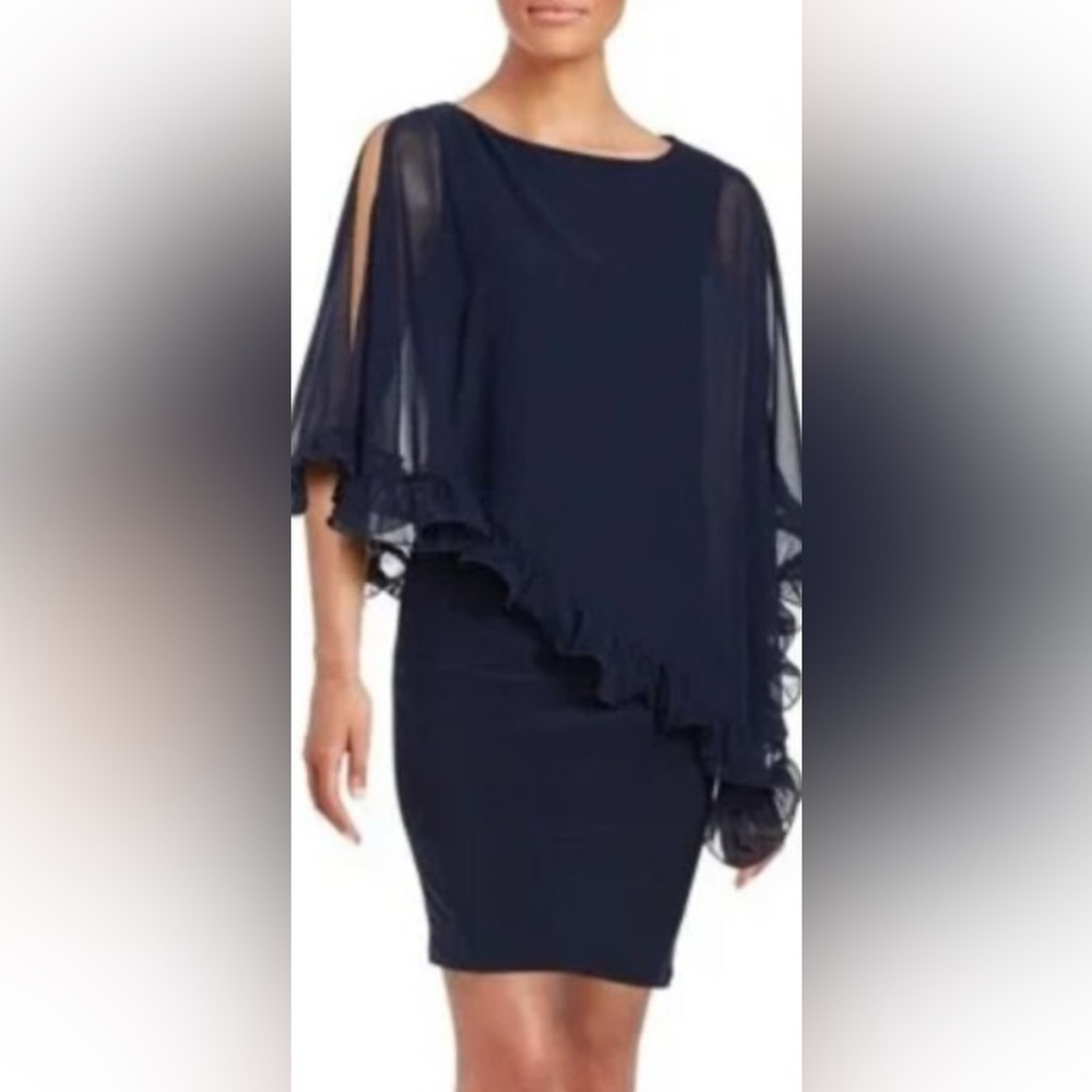 Xscape Cocktail Dress Navy Blue Jersey Chiffon Ruffle Hem Overlay Slit Sleeve 4👍